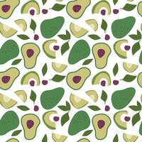 Seamless pattern of avocados and leaves on white background. vector