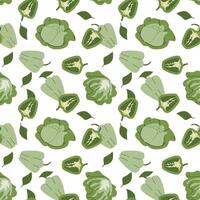 Seamless green bell pepper pattern with leaves on white background. vector