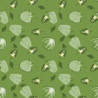 Green bell pepper and leaf pattern on olive background. vector