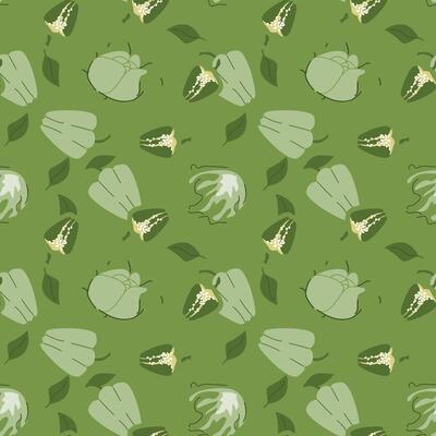 Green bell pepper and leaf pattern on olive background.