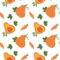 Seamless pattern of butternut squash and carrots on white background. vector