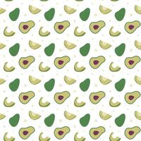 Seamless avocado pattern with halves and slices on white background. vector