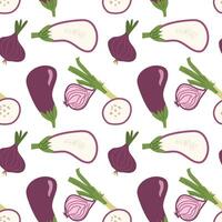 Seamless pattern of eggplants and onions with green stems on white background. vector
