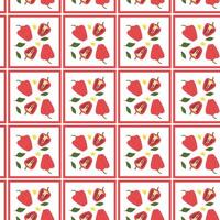 Repeating pattern of red peppers and green leaves with crown icons. vector