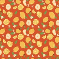 Vibrant lemon and orange fruit pattern with leaves on red background. vector