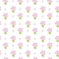Seamless pink floral pattern with delicate bouquets and polka dots on white background. vector