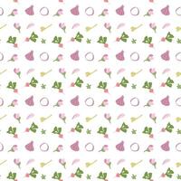 Seamless pattern with garlic cloves and basil leaves on white background. vector