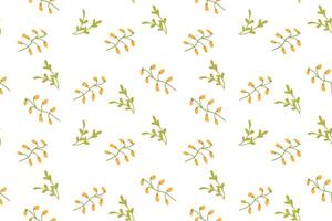 Seamless pattern of minimalist green branches with yellow berries. vector