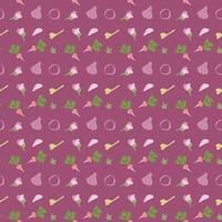 Colorful vegetable pattern with radishes, beets, garlic, and peas on pink background. vector