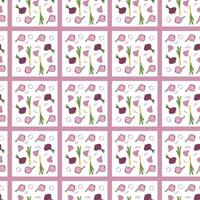 Seamless pattern of pink and green floral motifs on white grid background. vector