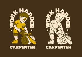 The character of a carpenter is sawing wood with a chainsaw. Flat art retro illustration in 2 colors vector