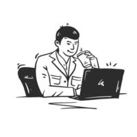 Black line art illustration of a man with coffee in front of laptop vector