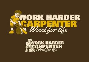 Character of a carpenter is sawing wood with a chainsaw. Flat art retro illustration in elongated form vector