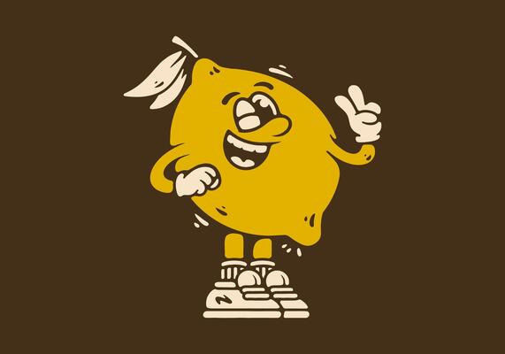 Happy lemon mascot with peace hand symbol. Retro illustration