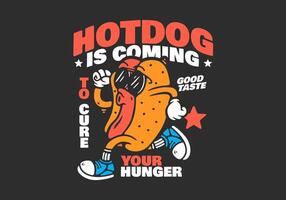 Hot Dog with sunglasses character in running pose, black background vector