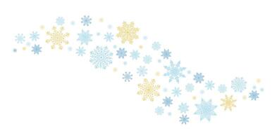 Background with snowflakes of different sizes in the form of a wave in cartoon style. Illustration of winter snowflakes of blue, gold and dark blue isolated on white background. Blizzard. vector