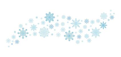 Background with snowflakes in the form of a wave in cartoon style. Flat illustration of winter snowflakes of blue and dark blue isolated on white background. Wind whirlwind. Blizzard. Snowfall. vector