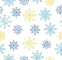 Seamless pattern with golden, blue snowflakes in cartoon style. Flat illustration of snowflakes of different sizes isolated on white background. Winter. Holidays. Wrapping paper. Packaging. vector