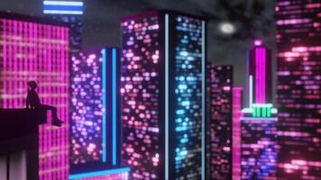 Silhouette of a woman sitting on the edge of a skyscraper, neon coloted night city. 3d Synthwave animated background. Seamless loop. video