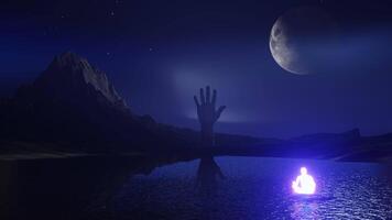 Human meditating on a mountain lake on a moonlit night, abstract background. 3D render, seamless loop. video