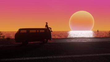 Silhouette of a woman sitting on the roof of an old style minivan, sunset on a tropical island. 3d Synthwave animated background. Seamless loop. video