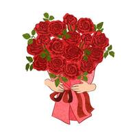 Colorful Illustration of Bouquet of Red Roses in Hands Isolated on White Background vector