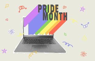 Trendy halftone collage. Pride month theme collage. Halftone notebook with fly out rainbow lettering. Collage with cut out paper elements and doodles for LGBT event design. Trendy retro collage. vector