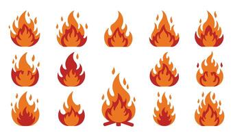 Diverse Flame Fire Vectors Set Featuring Bonfires and Flames