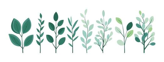 Set of tree and leaf collection hand drawn flat design. set of bare trees and ones with leaves and lush green vector