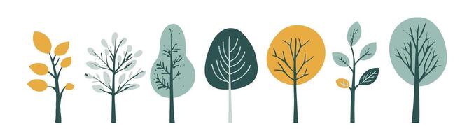 Set of orange green tree and leaf collection hand drawn flat design. botanical set of bare trees and ones with leaves vector