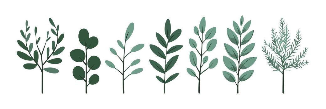 Set of tree and leaf collection hand drawn flat design element. botanical set with leaves and lush green vector