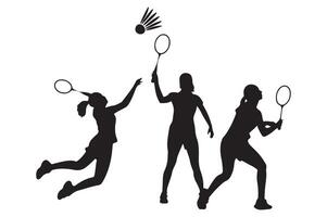 Black set silhouette of female badminton player on white background vector