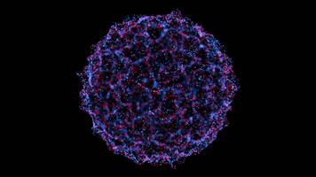 Blue and red glowing sphere with dynamic floating particles in dark space video