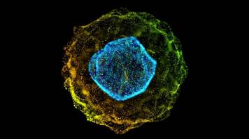 glühend Partikel Kugel mit beschwingt Blau und Gelb Schichten auf dunkel Hintergrund video