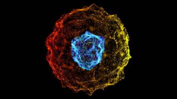 dynamisch Partikel Kugel mit Blau Ader und feurig Energie Schichten video