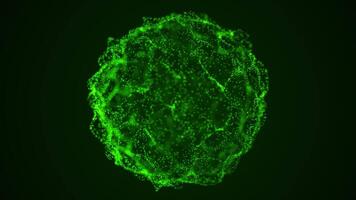 Green glowing particle sphere with fluid dynamic motion on a dark background video