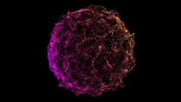 Energetic glowing sphere with magenta and gold particles in fluid motion on dark background video