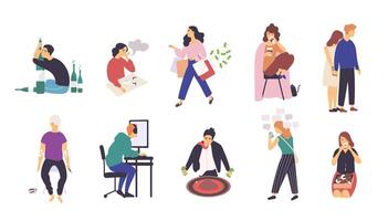 Collection of people with various addictions. Bundle of male and female cartoon characters with different addictive disorders isolated on white background. Colorful illustration in flat style vector