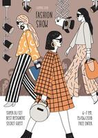 Vertical flyer or poster template for fashion show with top models wearing fashionable apparel walking along runway or doing catwalk. Hand drawn illustration for event promotion, advertisement vector