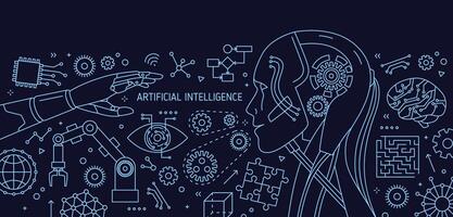 Horizontal banner with android, robotic arm and manipulator, hi-tech devices drawn with contour lines on blue background. Artificial or machine intelligence. illustration in lineart style vector