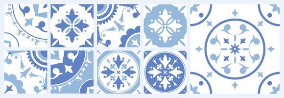 Bundle of ceramic square tiles with various traditional oriental patterns. Set of mediterranean decorative ornaments in blue and white colors. illustration in vintage Azulejo or Moroccan style vector