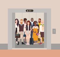 Different people standing in elevator with open doors. Group of various men and women waiting inside lift stopped on floor of building. Bright colored cartoon illustration in flat style vector