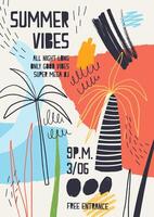 Colorful invitation or poster template decorated with tropical palm trees, paint stains, blots and scribble for summer open air dance party. illustration for summertime event advertising. vector