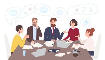 Men and women dressed in business clothes sitting at table and discussing ideas, exchanging information, solving problems. Brainstorm or group discussion. Cartoon illustration in flat style vector