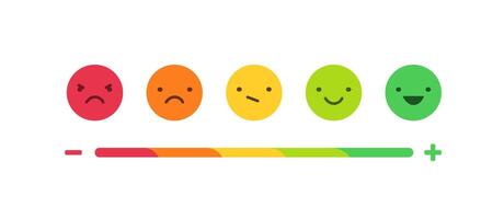 Feedback or rating scale with smiles representing various emotions arranged into horizontal row. Customer's review and evaluation of service or good. Colorful illustration in flat style vector