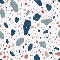 Decorative terrazzo texture. Seamless pattern with colorful mineral rock fragments scattered on white background. Modern illustration for backdrop, wrapping paper, wallpaper, flooring. vector