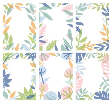 Bundle of vertical natural backgrounds decorated with colorful leaves. Collection of floral card templates with tree foliage. Set of creative frames. Modern illustration in flat style