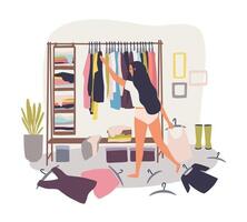 Young long-haired girl standing in front of hanger rack with clothes scattered around and trying to choose outfit. Nothing to wear concept. Cartoon colorful illustration in flat style vector