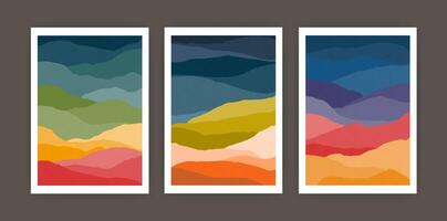 Set of vertical backgrounds or card templates with abstract waves or hills of warm vivid colors. Bundle of bright colored backdrops with curves or layers. illustration in modern art style vector