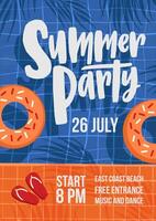 Modern flyer or poster template for summer open air party with swimming pool, swim rings, shadows of palm trees and flip flops and place for text. illustration for seasonal event promotion. vector